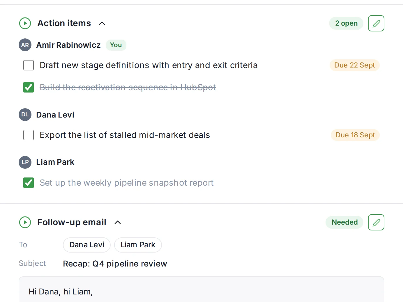 Action items grouped by owner, with two items ticked