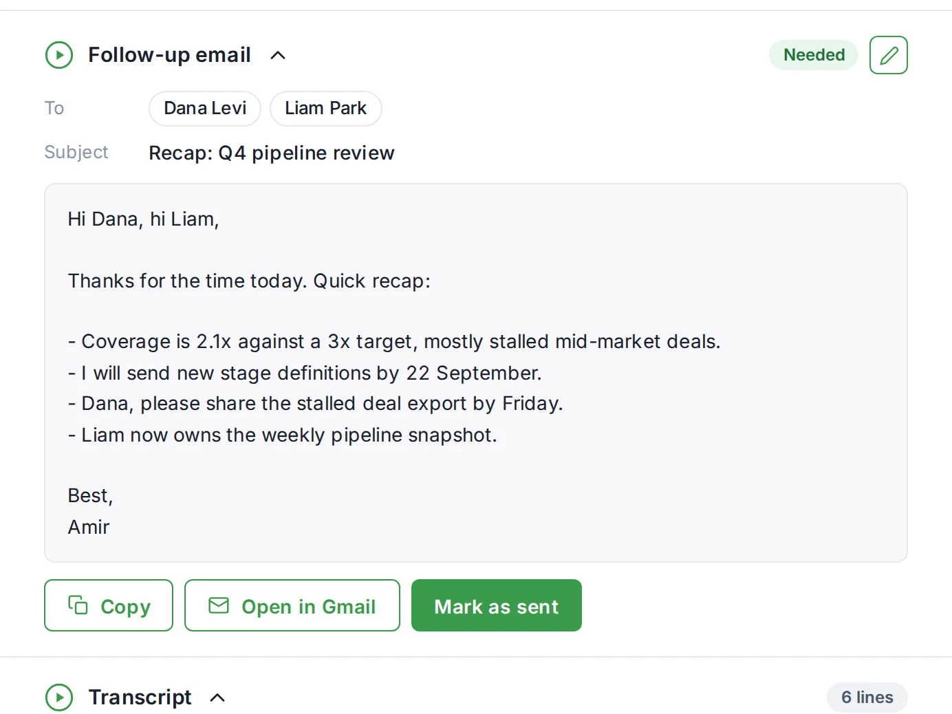 Drafted follow-up email with Copy, Open in Gmail and Mark as sent buttons