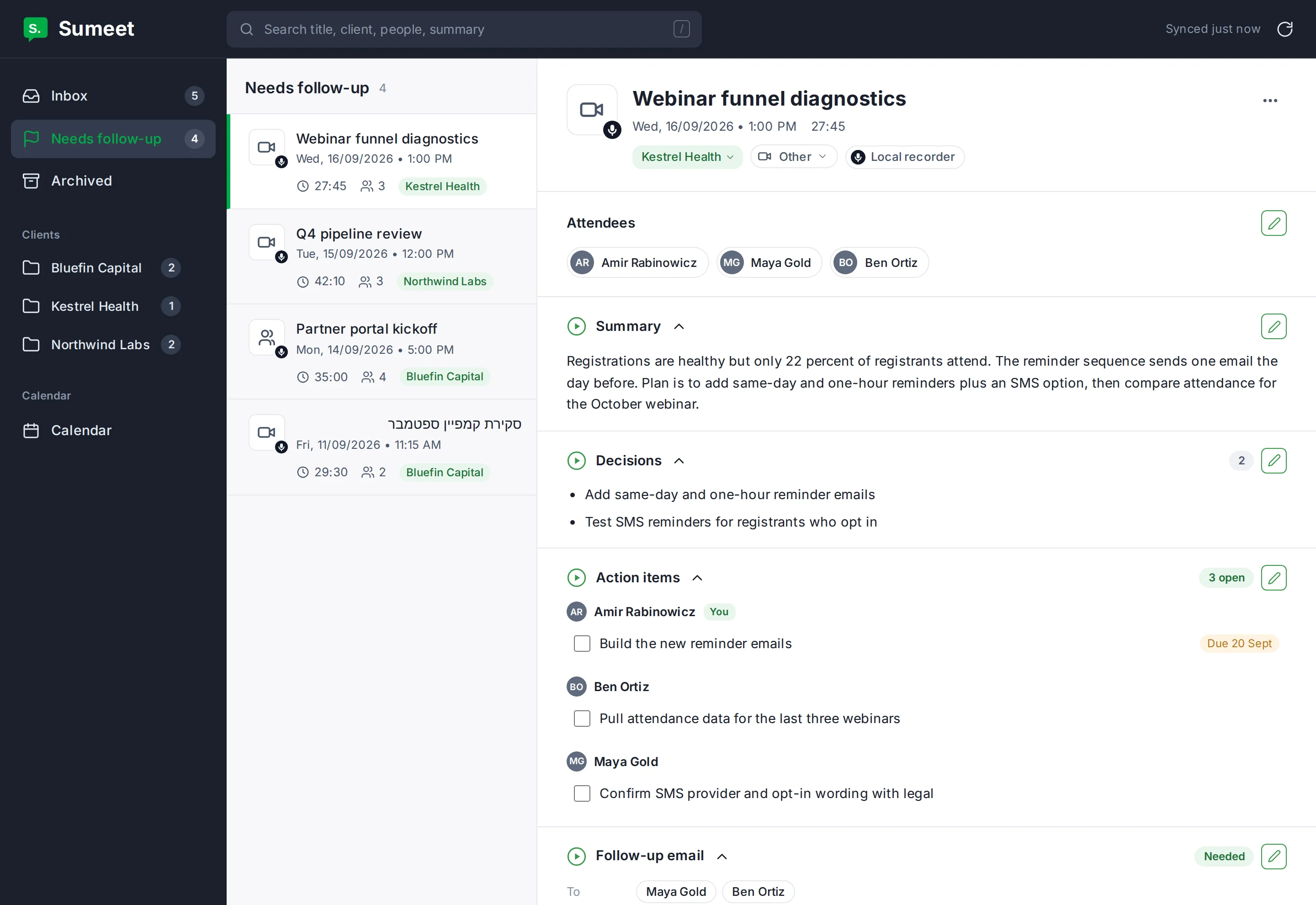 Needs follow-up view listing meetings across several clients